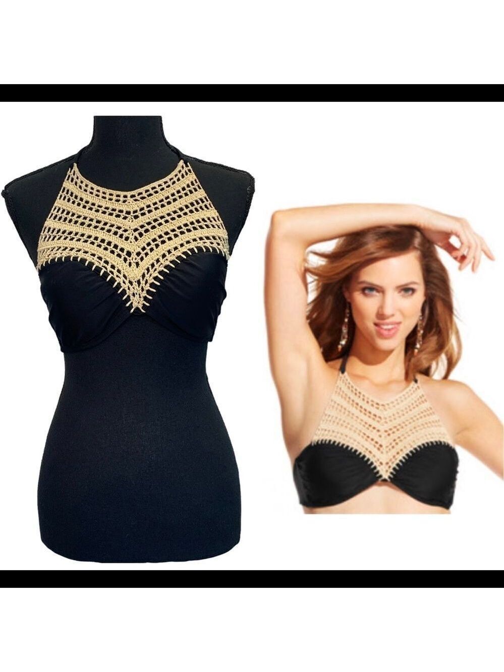 Bikini Lab High Neck Crochet Bib Bikini Top black tan beige Sz S